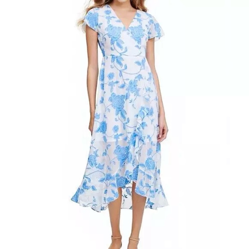 Kensie White & Blue Floral Embroidered Short Sleeve Ruffle Wrap Midi Dress